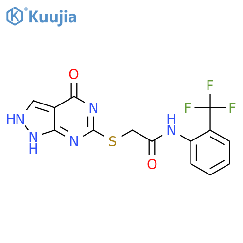 2-({4-oxo-1H,4H,5H-pyrazolo3,4-dpyrimidin-6-yl}sulfanyl)-N-2-(trifluoromethyl)phenylacetamide structure