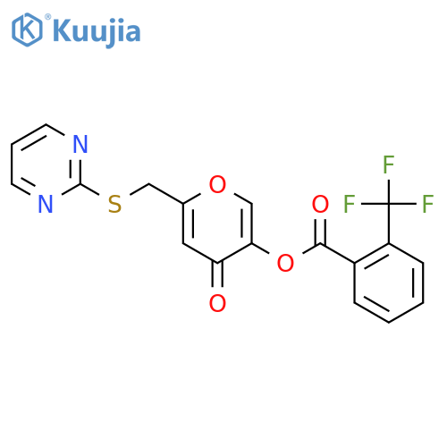 4-oxo-6-(pyrimidin-2-ylsulfanyl)methyl-4H-pyran-3-yl 2-(trifluoromethyl)benzoate structure