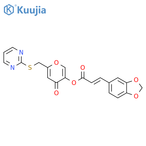 4-oxo-6-(pyrimidin-2-ylsulfanyl)methyl-4H-pyran-3-yl (2E)-3-(2H-1,3-benzodioxol-5-yl)prop-2-enoate structure