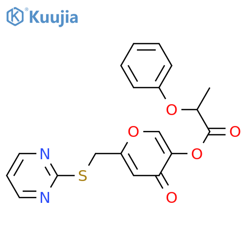 4-oxo-6-(pyrimidin-2-ylsulfanyl)methyl-4H-pyran-3-yl 2-phenoxypropanoate structure