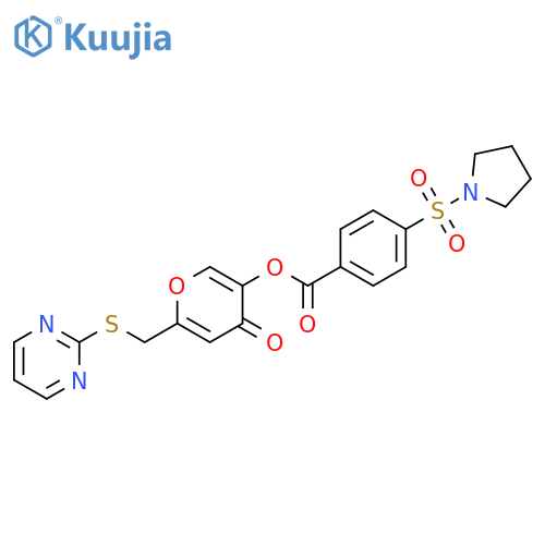 4-oxo-6-(pyrimidin-2-ylsulfanyl)methyl-4H-pyran-3-yl 4-(pyrrolidine-1-sulfonyl)benzoate structure