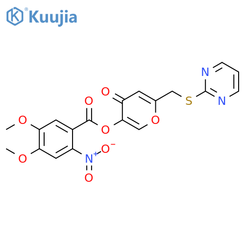 4-oxo-6-(pyrimidin-2-ylsulfanyl)methyl-4H-pyran-3-yl 4,5-dimethoxy-2-nitrobenzoate structure