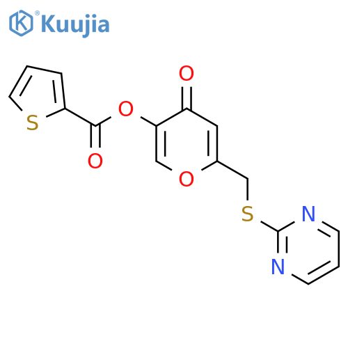 4-oxo-6-(pyrimidin-2-ylsulfanyl)methyl-4H-pyran-3-yl thiophene-2-carboxylate structure