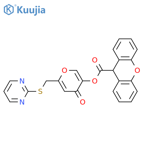 4-oxo-6-(pyrimidin-2-ylsulfanyl)methyl-4H-pyran-3-yl 9H-xanthene-9-carboxylate structure