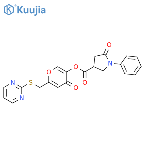 4-oxo-6-(pyrimidin-2-ylsulfanyl)methyl-4H-pyran-3-yl 5-oxo-1-phenylpyrrolidine-3-carboxylate structure