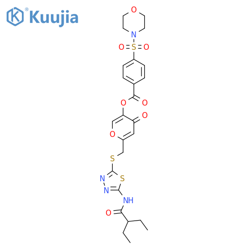 6-({5-(2-ethylbutanamido)-1,3,4-thiadiazol-2-ylsulfanyl}methyl)-4-oxo-4H-pyran-3-yl 4-(morpholine-4-sulfonyl)benzoate structure
