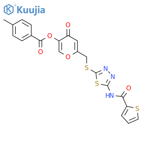 4-oxo-6-({5-(thiophene-2-amido)-1,3,4-thiadiazol-2-ylsulfanyl}methyl)-4H-pyran-3-yl 4-methylbenzoate structure