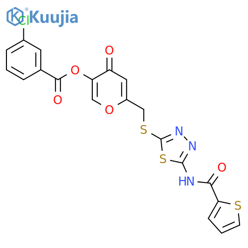 4-oxo-6-({5-(thiophene-2-amido)-1,3,4-thiadiazol-2-ylsulfanyl}methyl)-4H-pyran-3-yl 3-chlorobenzoate structure