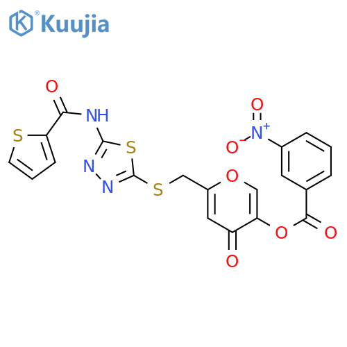 4-oxo-6-({5-(thiophene-2-amido)-1,3,4-thiadiazol-2-ylsulfanyl}methyl)-4H-pyran-3-yl 3-nitrobenzoate structure