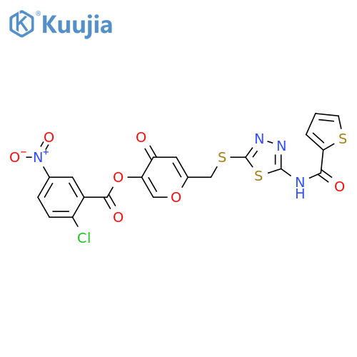 4-oxo-6-({5-(thiophene-2-amido)-1,3,4-thiadiazol-2-ylsulfanyl}methyl)-4H-pyran-3-yl 2-chloro-5-nitrobenzoate structure