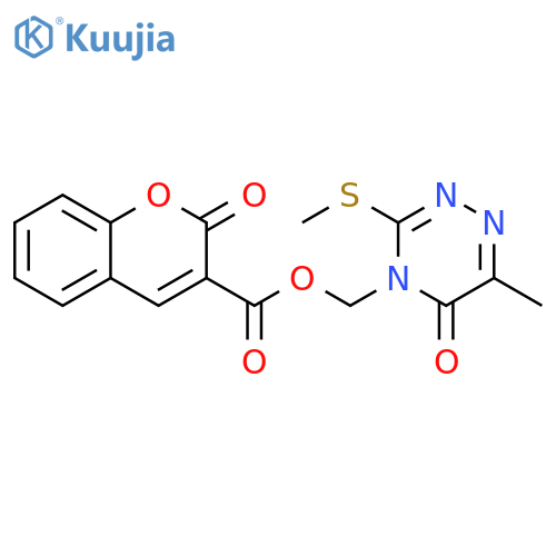 6-methyl-3-(methylsulfanyl)-5-oxo-4,5-dihydro-1,2,4-triazin-4-ylmethyl 2-oxo-2H-chromene-3-carboxylate structure