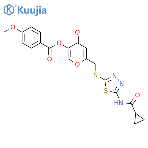 6-{(5-cyclopropaneamido-1,3,4-thiadiazol-2-yl)sulfanylmethyl}-4-oxo-4H-pyran-3-yl 4-methoxybenzoate structure