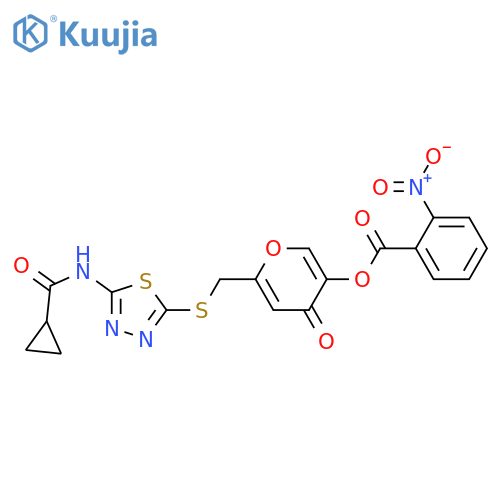 6-{(5-cyclopropaneamido-1,3,4-thiadiazol-2-yl)sulfanylmethyl}-4-oxo-4H-pyran-3-yl 2-nitrobenzoate structure