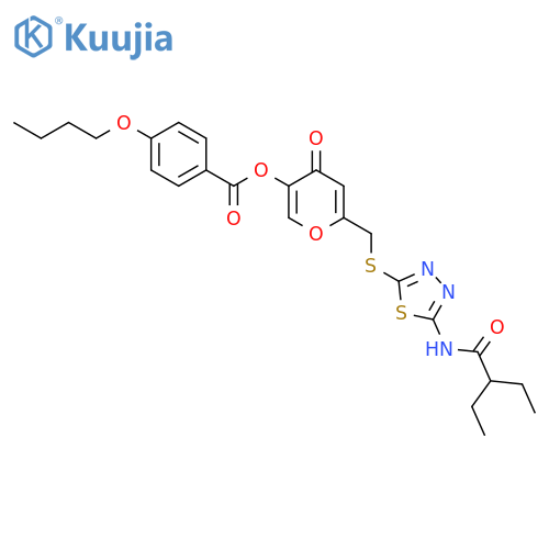 6-({5-(2-ethylbutanamido)-1,3,4-thiadiazol-2-ylsulfanyl}methyl)-4-oxo-4H-pyran-3-yl 4-butoxybenzoate structure