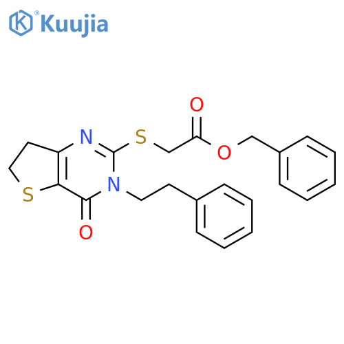 benzyl 2-{4-oxo-3-(2-phenylethyl)-3H,4H,6H,7H-thieno3,2-dpyrimidin-2-ylsulfanyl}acetate structure