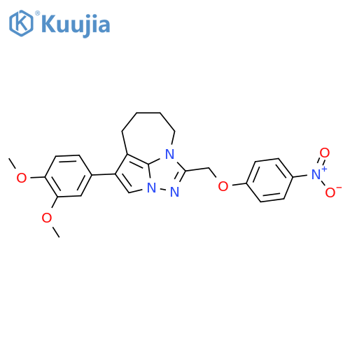 6-(3,4-dimethoxyphenyl)-2-(4-nitrophenoxy)methyl-1,3,4-triazatricyclo5.4.1.0^{4,12}dodeca-2,5,7(12)-triene structure