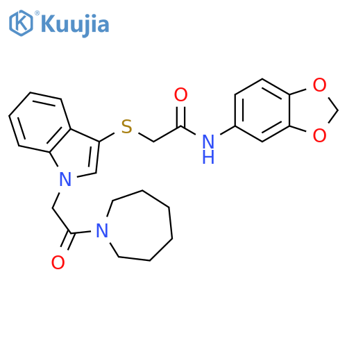 2-({1-2-(azepan-1-yl)-2-oxoethyl-1H-indol-3-yl}sulfanyl)-N-(2H-1,3-benzodioxol-5-yl)acetamide structure