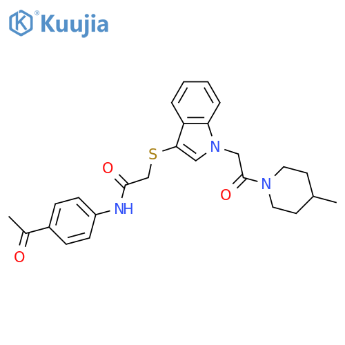 N-(4-acetylphenyl)-2-({1-2-(4-methylpiperidin-1-yl)-2-oxoethyl-1H-indol-3-yl}sulfanyl)acetamide structure