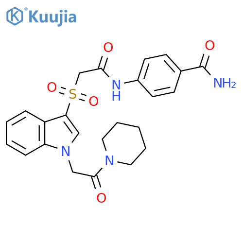 4-2-({1-2-oxo-2-(piperidin-1-yl)ethyl-1H-indol-3-yl}sulfonyl)acetamidobenzamide structure