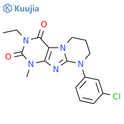 9-(3-chlorophenyl)-3-ethyl-1-methyl-1H,2H,3H,4H,6H,7H,8H,9H-pyrimido1,2-gpurine-2,4-dione structure