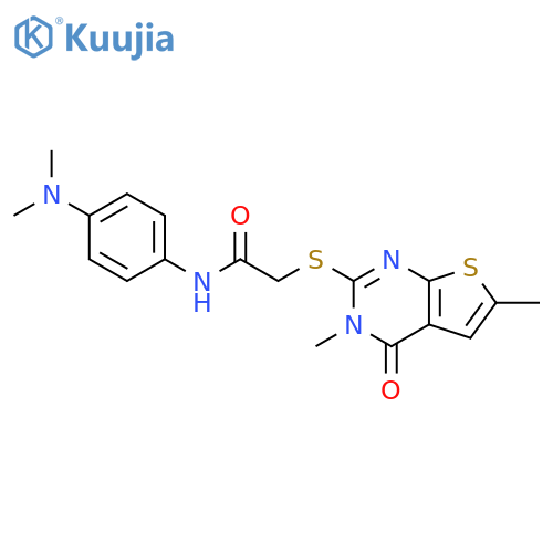 2-({3,6-dimethyl-4-oxo-3H,4H-thieno2,3-dpyrimidin-2-yl}sulfanyl)-N-4-(dimethylamino)phenylacetamide structure
