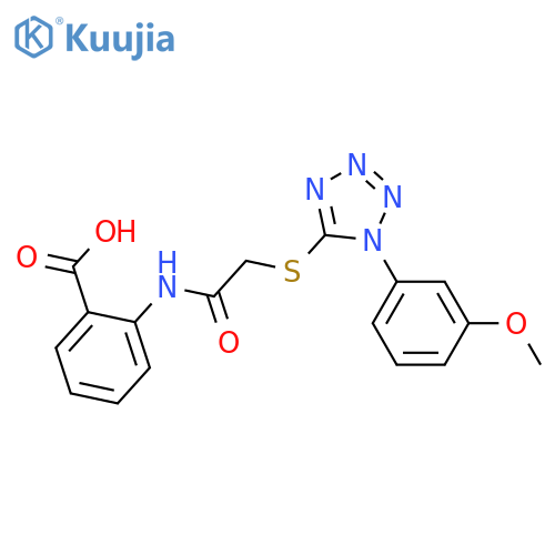 2-(2-{1-(3-methoxyphenyl)-1H-1,2,3,4-tetrazol-5-ylsulfanyl}acetamido)benzoic acid structure
