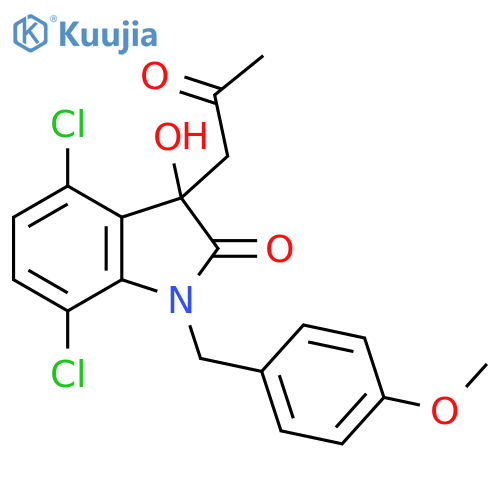 4,7-dichloro-3-hydroxy-1-(4-methoxyphenyl)methyl-3-(2-oxopropyl)-2,3-dihydro-1H-indol-2-one structure