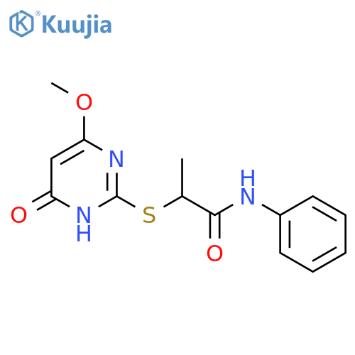 2-[(4-methoxy-6-oxo-1,6-dihydropyrimidin-2-yl)sulfanyl]-N-phenylpropanamide structure