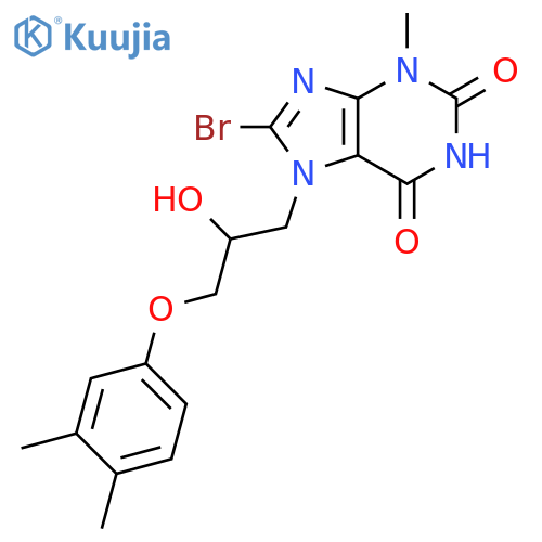 8-bromo-7-3-(3,4-dimethylphenoxy)-2-hydroxypropyl-3-methyl-2,3,6,7-tetrahydro-1H-purine-2,6-dione structure