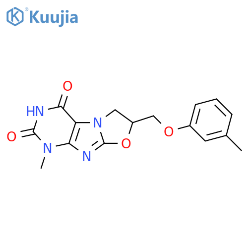 1-methyl-7-(3-methylphenoxy)methyl-1H,2H,3H,4H,6H,7H-1,3oxazolo3,2-gpurine-2,4-dione structure