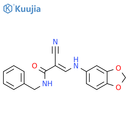 3-(1,3-dioxaindan-5-yl)amino-N-benzyl-2-cyanoprop-2-enamide structure
