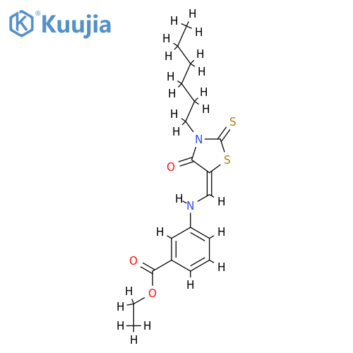 ethyl 3-({(5E)-3-hexyl-4-oxo-2-sulfanylidene-1,3-thiazolidin-5-ylidenemethyl}amino)benzoate structure