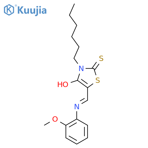 (5E)-3-hexyl-5-{(2-methoxyphenyl)aminomethylidene}-2-sulfanylidene-1,3-thiazolidin-4-one structure