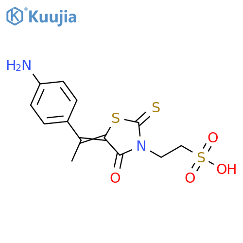 2-(5E)-5-1-(4-aminophenyl)ethylidene-4-oxo-2-sulfanylidene-1,3-thiazolidin-3-ylethane-1-sulfonic acid structure