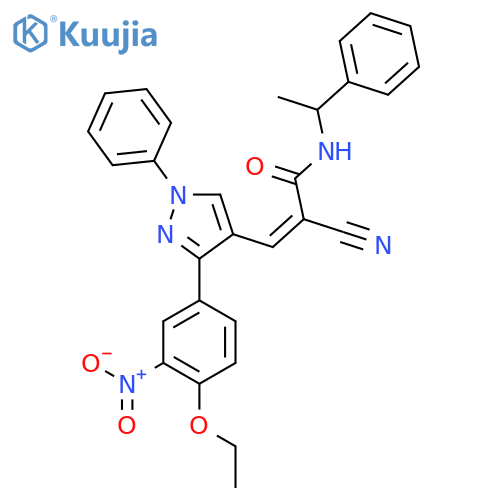 (Z)-2-Cyano-3-[3-(4-ethoxy-3-nitrophenyl)-1-phenylpyrazol-4-yl]-N-(1-phenylethyl)prop-2-enamide structure
