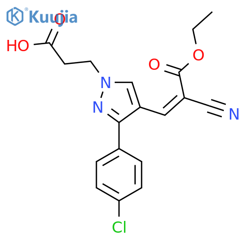 3-3-(4-chlorophenyl)-4-(1Z)-2-cyano-3-ethoxy-3-oxoprop-1-en-1-yl-1H-pyrazol-1-ylpropanoic acid structure