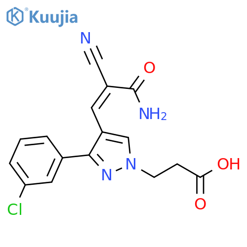 3-{4-(1Z)-2-carbamoyl-2-cyanoeth-1-en-1-yl-3-(3-chlorophenyl)-1H-pyrazol-1-yl}propanoic acid structure
