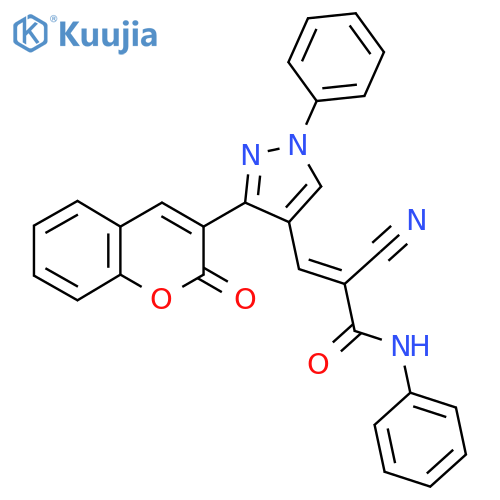 2-cyano-3-[3-(2-oxo-2H-chromen-3-yl)-1-phenyl-1H-pyrazol-4-yl]-N-phenylprop-2-enamide structure