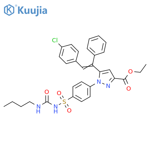1H-Pyrazole-3-carboxylic acid, 1-[4-[[[(butylamino)carbonyl]amino]sulfonyl]phenyl]-5-[2-(4-chlorophenyl)-1-phenylethenyl]-, ethyl ester structure