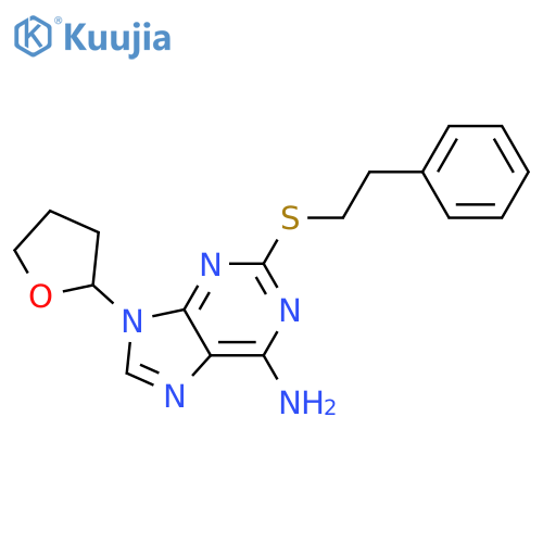 9H-Purin-6-amine, 2-[(2-phenylethyl)thio]-9-(tetrahydro-2-furanyl)- structure