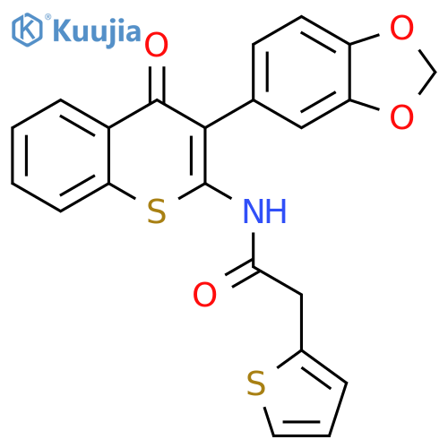 N-3-(2H-1,3-benzodioxol-5-yl)-4-oxo-4H-thiochromen-2-yl-2-(thiophen-2-yl)acetamide structure