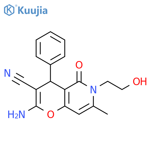 2-amino-6-(2-hydroxyethyl)-7-methyl-5-oxo-4-phenyl-4H,5H,6H-pyrano3,2-cpyridine-3-carbonitrile structure