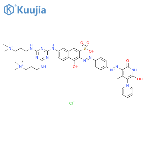 1,3'-Bipyridinium, 5'-[2-[4-[2-[6-[[4,6-bis[[3-(trimethylammonio)propyl]amino]-1,3,5-triazin-2-yl]amino]-1-hydroxy-3-sulfo-2-naphthalenyl]diazenyl]phenyl]diazenyl]-1',6'-dihydro-2'-hydroxy-4'-methyl-6'-oxo-, chloride (1:3) structure