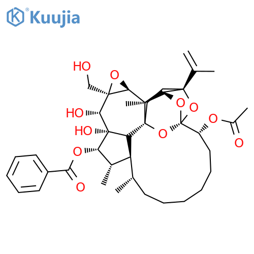 2H-1,6:2,6-Diepoxybenz[7,8]oxireno[5,6]azuleno[8,1-bc]oxacyclotridecin-7,16,16a,17-tetrol,eicosahydro-17a-(hydroxymethyl)-4,14,15-trimethyl-2-(1-methylethenyl)-,7-acetate 16-benzoate,(1R,2R,4R,4aR,6S,7R,14R,14aS,15S,16S,16aS,16bR,17S,17aR,18aS,18bS)- (9CI) structure