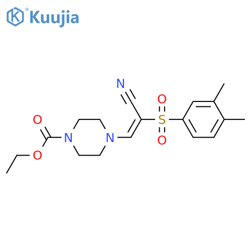 ethyl 4-(1E)-2-cyano-2-(3,4-dimethylbenzenesulfonyl)eth-1-en-1-ylpiperazine-1-carboxylate structure