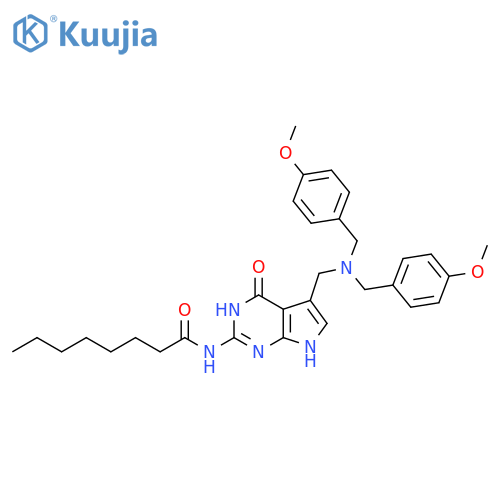 Octanamide, N-[5-[[bis[(4-methoxyphenyl)methyl]amino]methyl]-4,7-dihydro-4-oxo-3H-pyrrolo[2,3-d]pyrimidin-2-yl]- structure