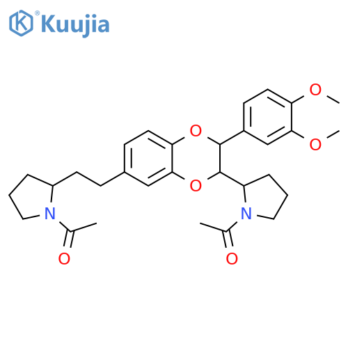 Pyrrolidine, 1-acetyl-2-[7-[2-(1-acetyl-2-pyrrolidinyl)ethyl]-3-(3,4-dimethoxyphenyl)-2,3-dihydro-1,4-benzodioxin-2-yl]- (9CI) structure