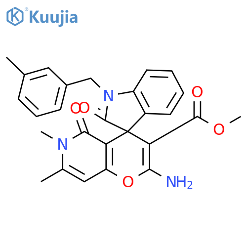 methyl 2'-amino-6',7'-dimethyl-1-(3-methylphenyl)methyl-2,5'-dioxo-1,2,5',6'-tetrahydrospiroindole-3,4'-pyrano3,2-cpyridine-3'-carboxylate structure