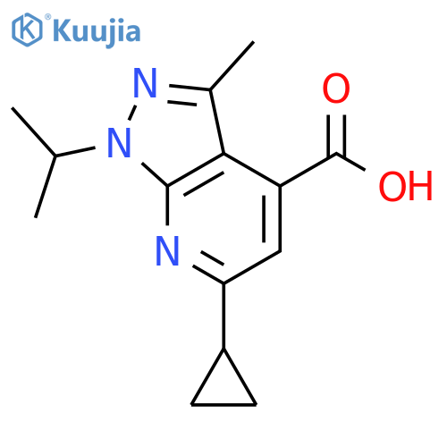 <br>6-Cyclopropyl-1-isopropyl-3-methyl-1H-pyrazolo[3,4-b]pyridine-4-carboxylic  acid structure