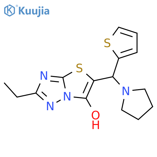2-ethyl-5-(pyrrolidin-1-yl)(thiophen-2-yl)methyl-1,2,4triazolo3,2-b1,3thiazol-6-ol structure